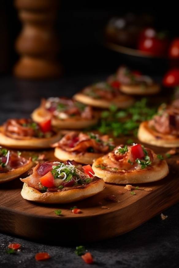 Knusprige Mini-Pizzen auf einer Platte