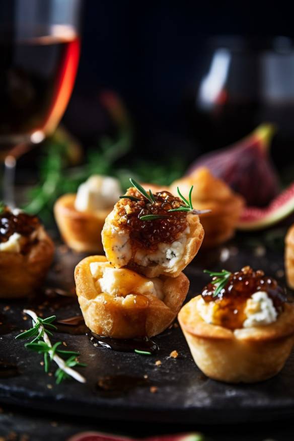 Knusprige Silvester-Häppchen mit Ziegenkäse und Feigen-Chutney.