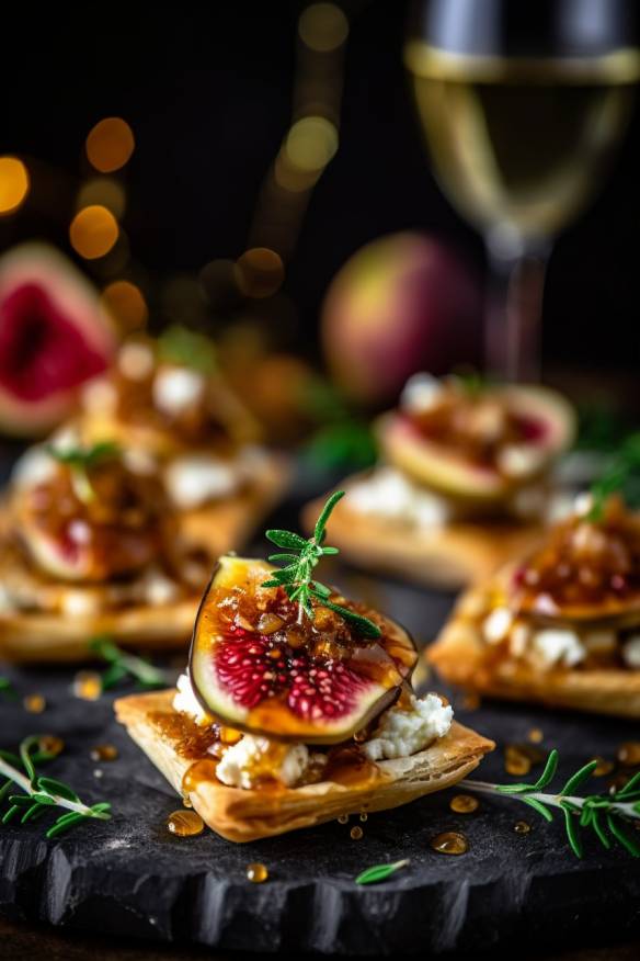 Knusprige Silvester-Häppchen mit Ziegenkäse und Feigen-Chutney.