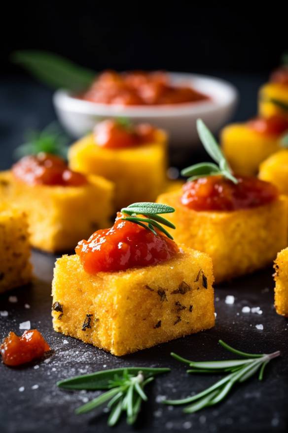 Knuspriges Polenta-Fingerfood mit Tomaten-Chutney