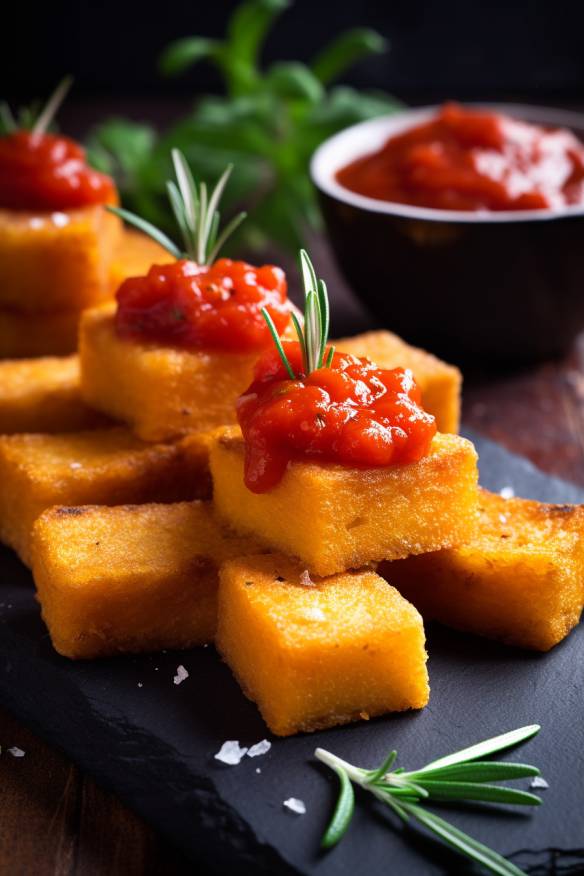 Knuspriges Polenta-Fingerfood mit Tomaten-Chutney