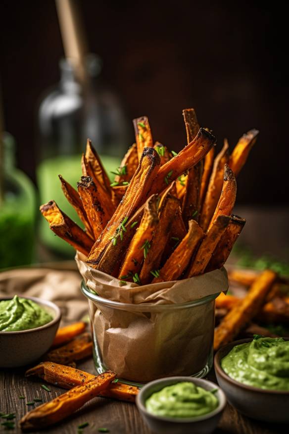 Knusprige Süßkartoffel-Pommes mit Avocado-Dip