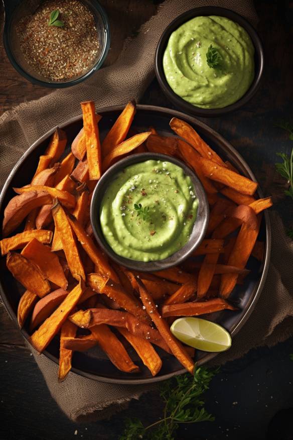 Knusprige Süßkartoffel-Pommes mit Avocado-Dip