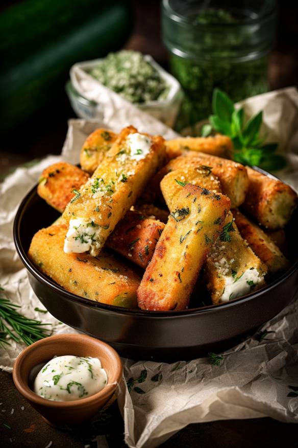 Knusprige Zucchini-Feta-Sticks auf einem Teller