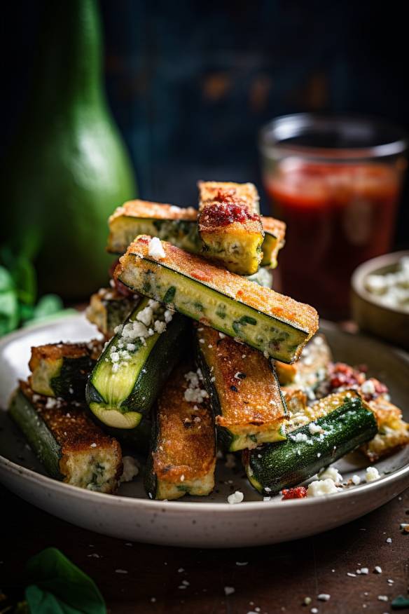 Knusprige Zucchini-Sticks auf einem Teller angerichtet.