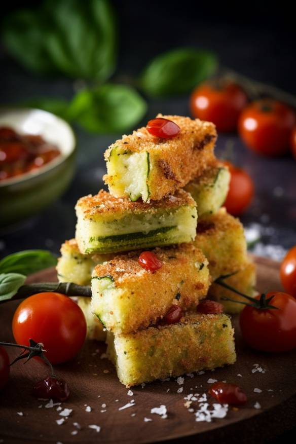 Knuspriges Zucchini-Brot-Fingerfood mit Tomaten und Käse