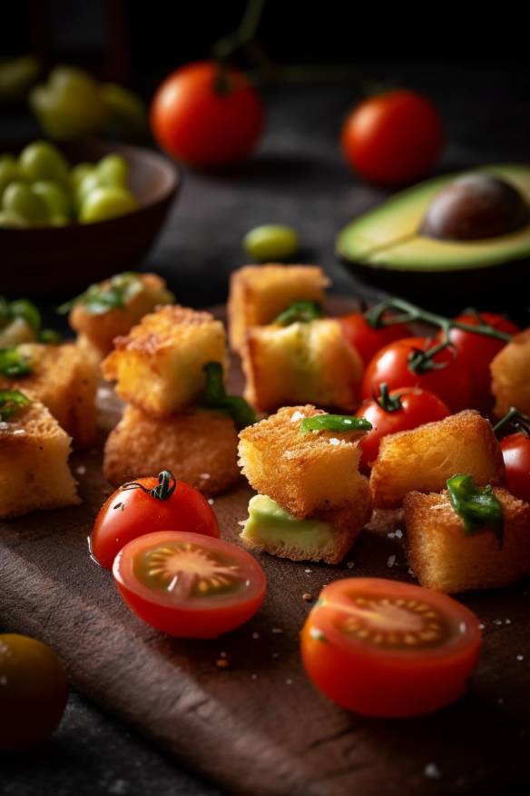 Knusprige Brot-Häppchen mit Avocado und Tomate