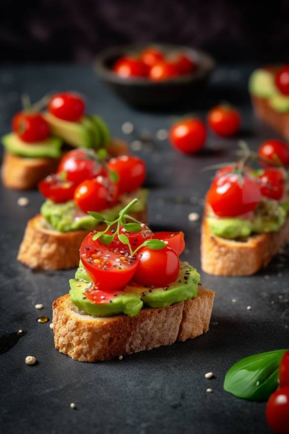 Knusprige Brot-Häppchen mit Avocado und Tomate