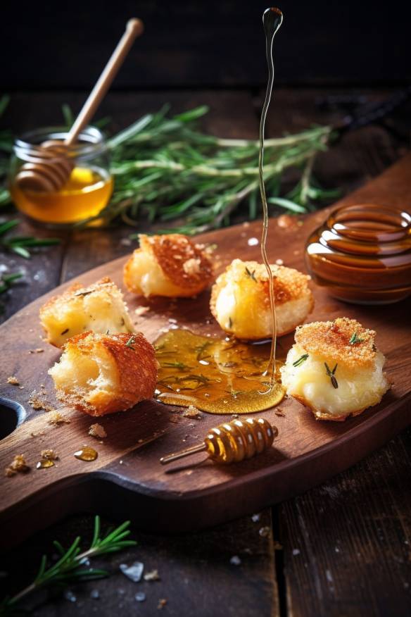 Knusprige Camembert-Häppchen mit Honig und Thymian auf einem Holzbrett serviert.