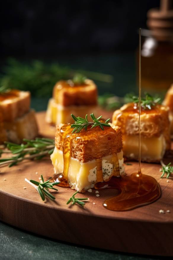 Knusprige Camembert-Häppchen mit Honig und Thymian auf einem Holzbrett serviert.