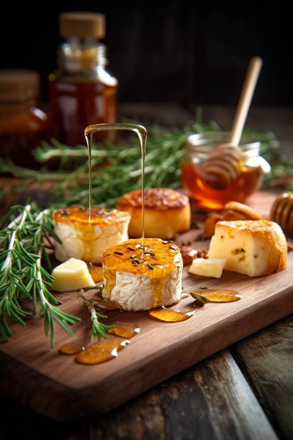 Knusprige Camembert-Häppchen mit Honig und Thymian auf einem Holzbrett serviert.