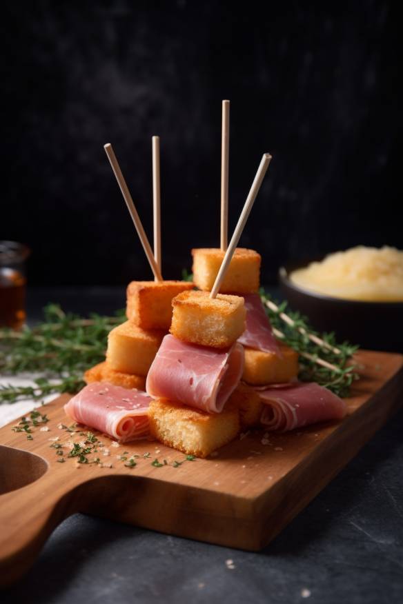 Knusprige Quesadilla-Sticks auf einem Holzbrett mit Dip.