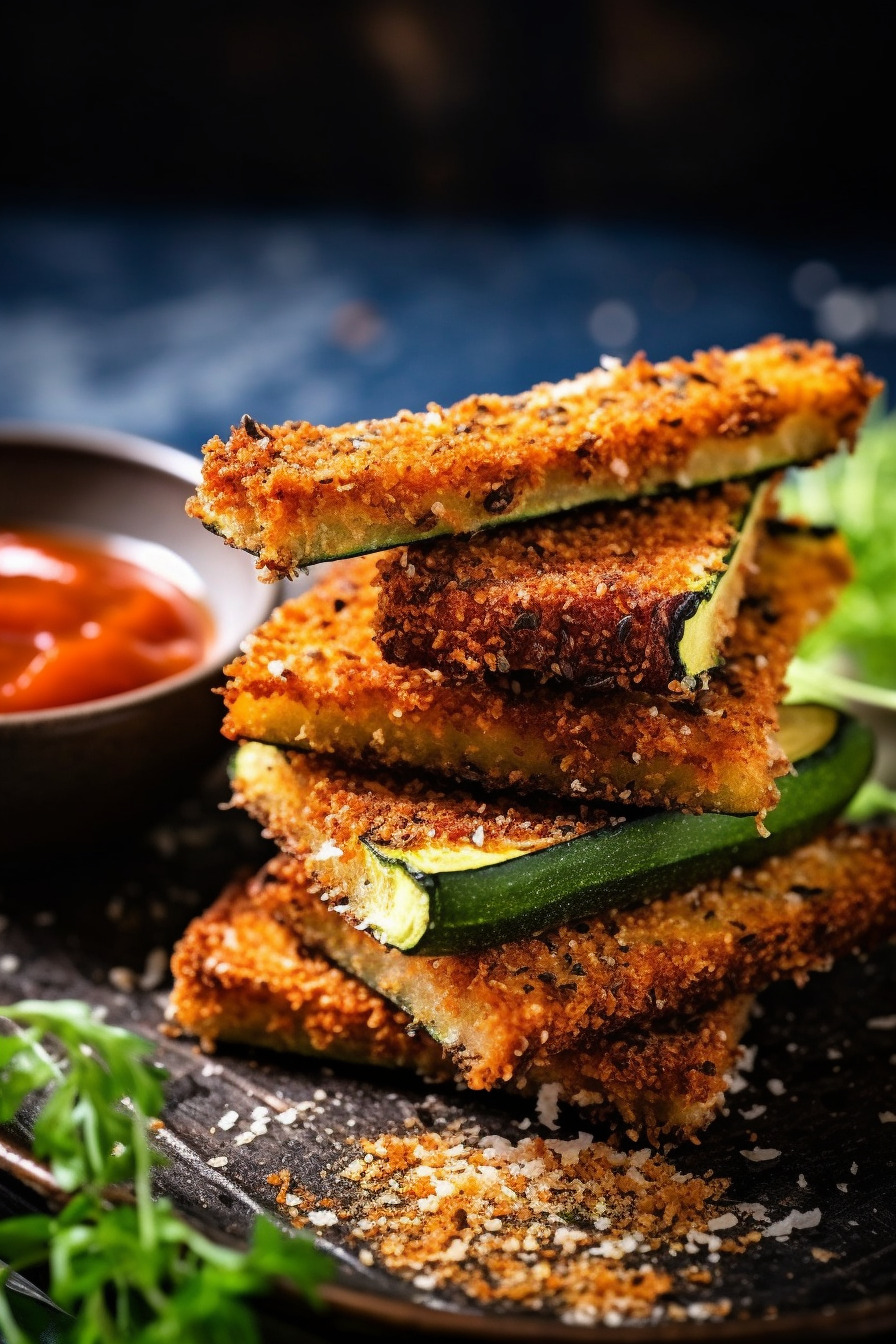 Knusprige Zucchini-Parmesan-Sticks auf einem Teller angerichtet.