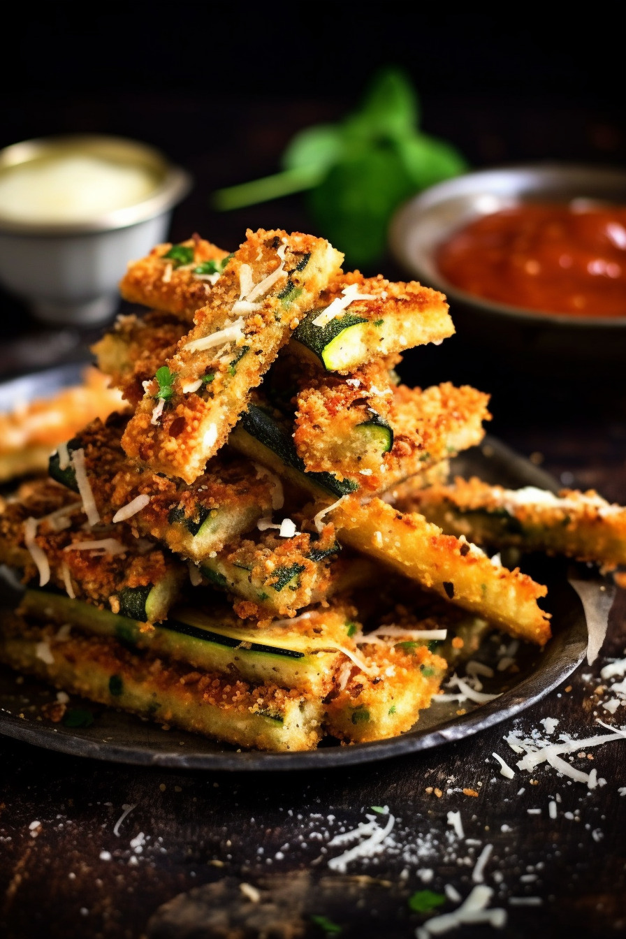 Knusprige Zucchini-Parmesan-Sticks auf einem Teller angerichtet.