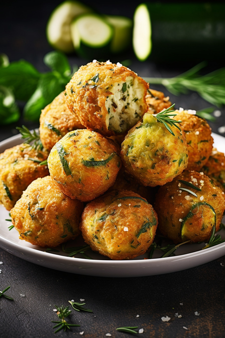 Knusprige Zucchini-Feta-Bällchen auf einem Teller angerichtet.