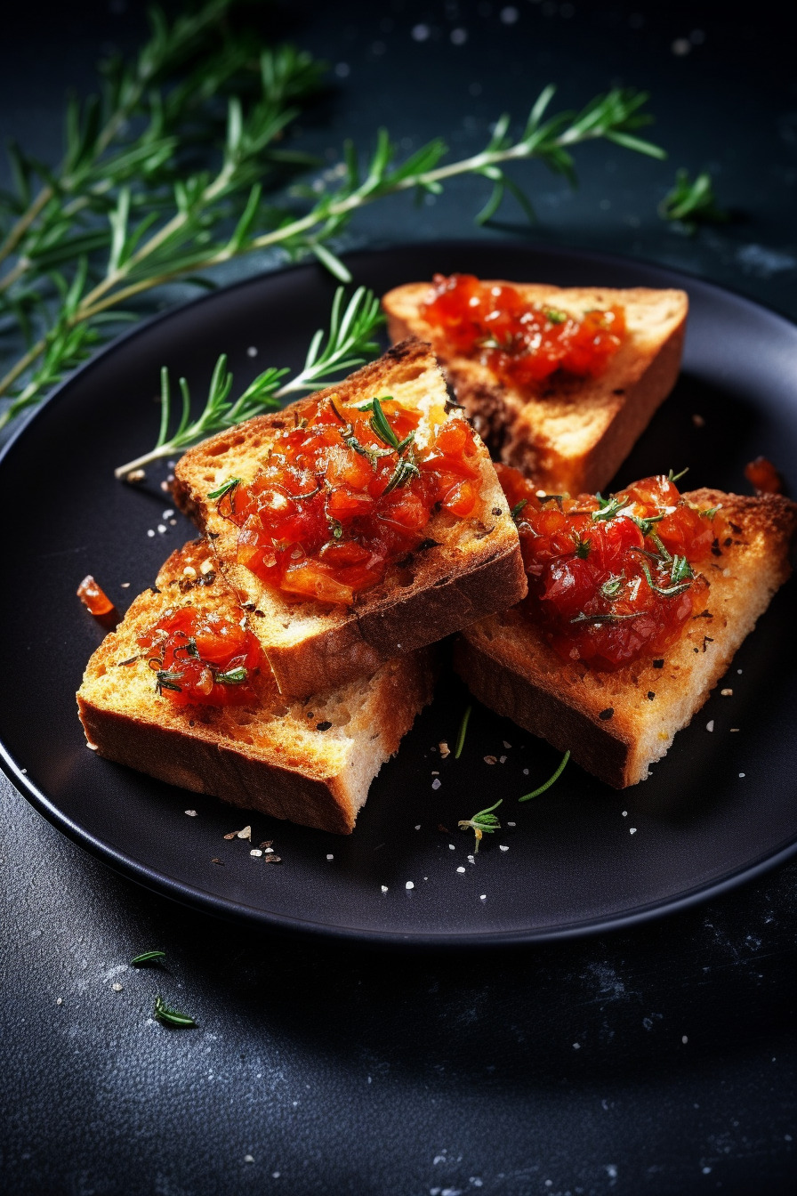 Knusprig-scharfe Fingerfood-Toasts auf einem Teller.