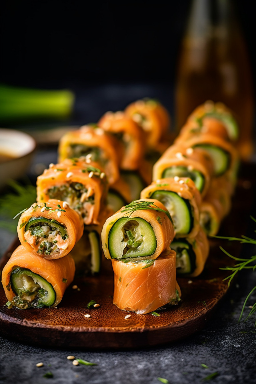 Gurken-Lachs-Röllchen auf einer Servierplatte angerichtet