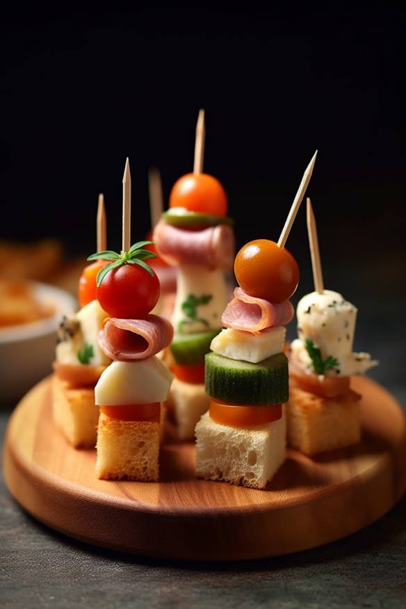 Leckeres Zahnstocher Fingerfood mit Gemüse, Hähnchen und Salami.