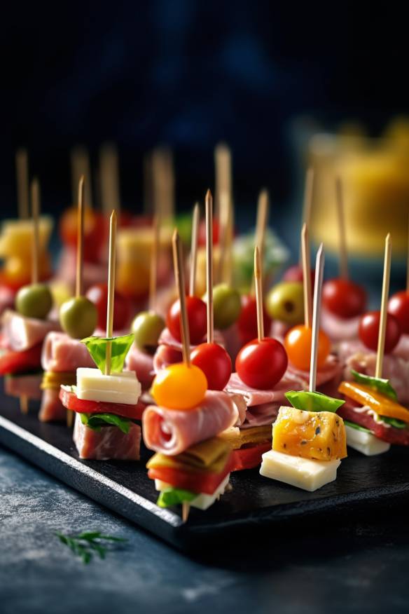 Leckeres Zahnstocher Fingerfood mit Gemüse, Hähnchen und Salami.