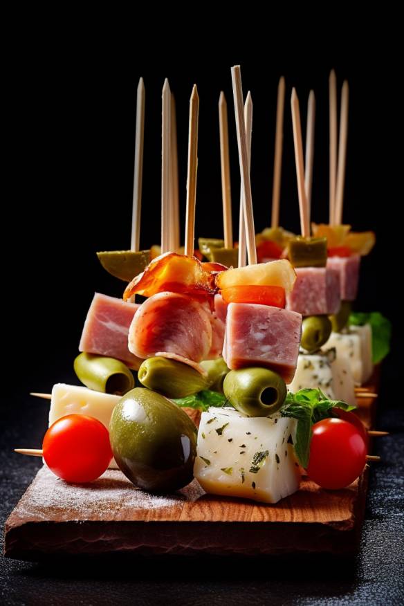 Leckeres Zahnstocher Fingerfood mit Gemüse, Hähnchen und Salami.