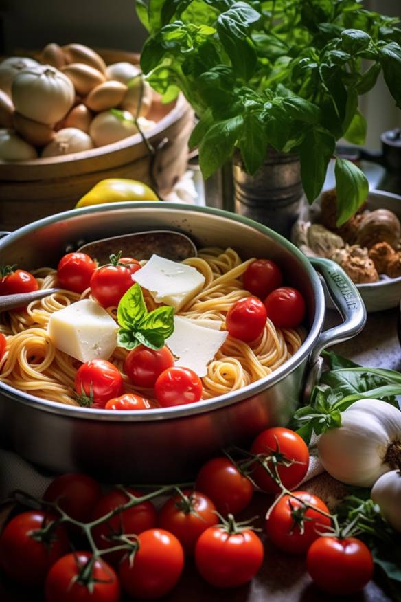 Einfaches One-Pot-Pasta-Rezept mit Tomaten und Mozzarella