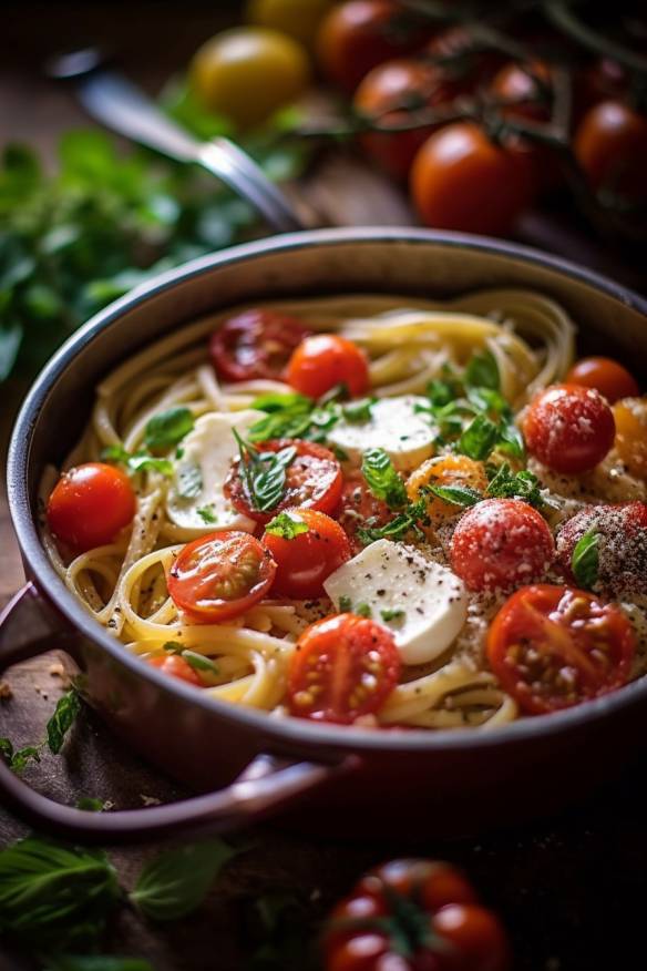 Einfaches One-Pot-Pasta-Rezept mit Tomaten und Mozzarella