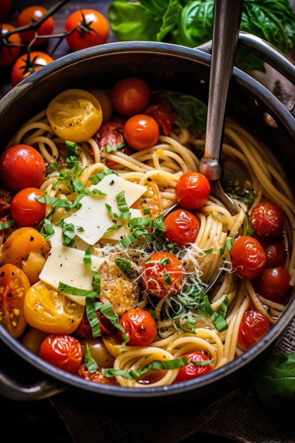 Einfaches One-Pot-Pasta-Rezept mit Tomaten und Mozzarella