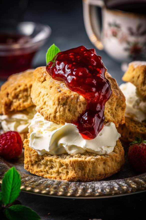 Englische Scones mit Clotted Cream und Erdbeermarmelade