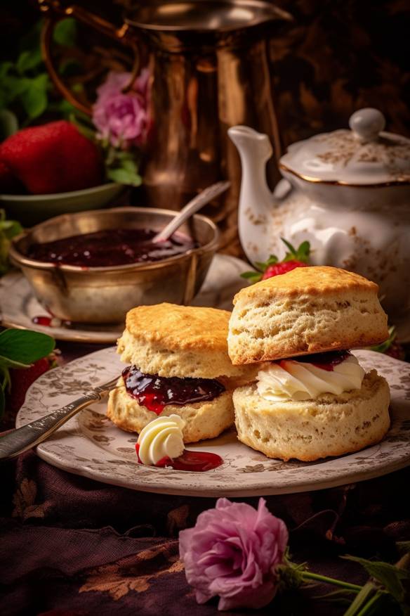 Englische Scones mit Clotted Cream und Erdbeermarmelade