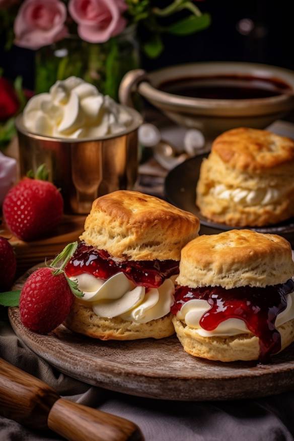 Englische Scones mit Clotted Cream und Erdbeermarmelade