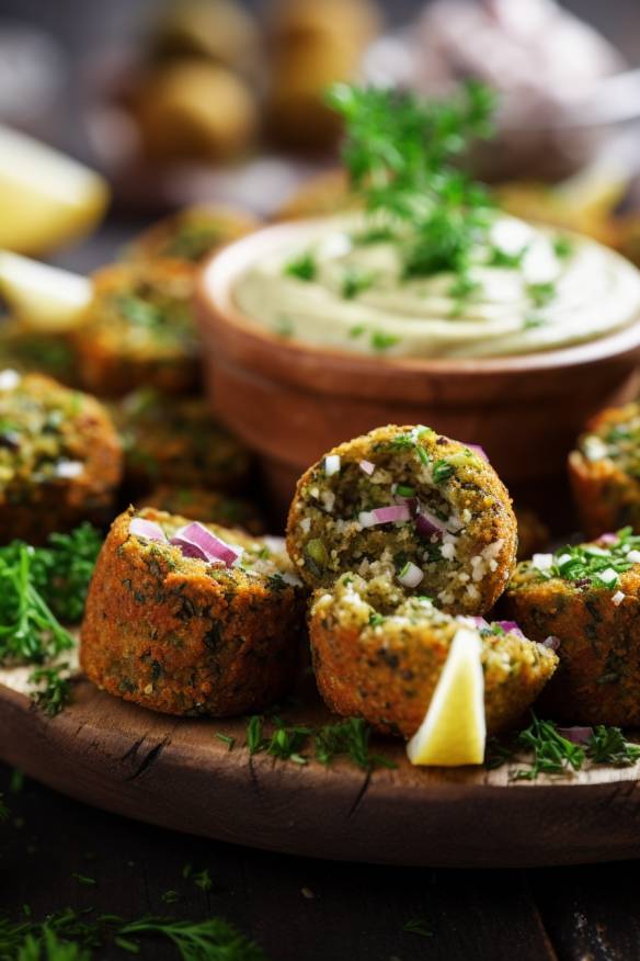 Falafel Bites als vegetarisches Fingerfood auf einem Teller angerichtet.