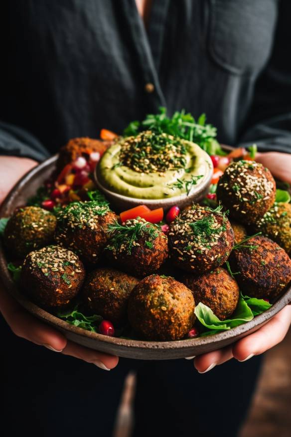 Falafel Bites als vegetarisches Fingerfood auf einem Teller angerichtet.