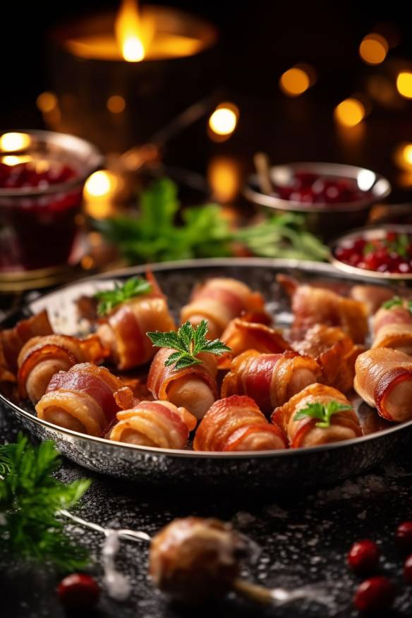 Festliches Fingerfood für Heiligabend mit Hähnchen, Speck und Gemüse