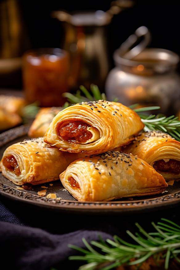 Gefüllte Mini-Blätterteig-Schnecken auf einem Teller