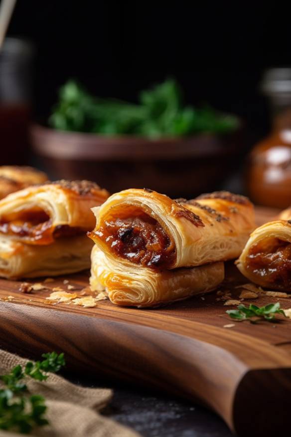 Gefüllter Blätterteig als Fingerfood auf einem Holzbrett angerichtet.