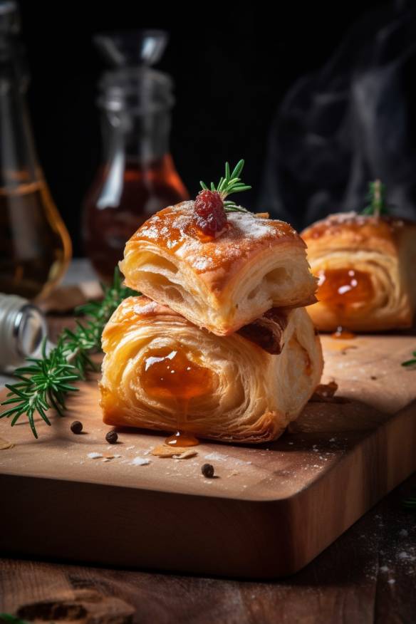 Gefüllter Blätterteig als Fingerfood auf einem Holzbrett angerichtet.