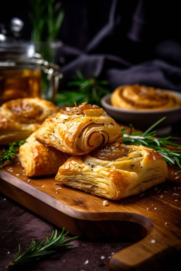 Gefüllter Blätterteig als Fingerfood auf einem Holzbrett angerichtet.