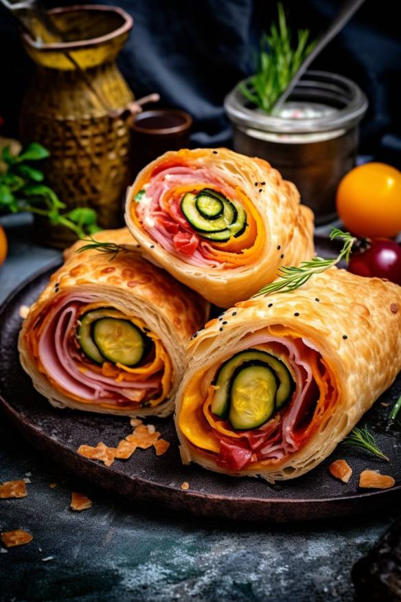 Gefüllte Blätterteig-Röllchen mit Schinken, Paprika, Zucchini und Käse