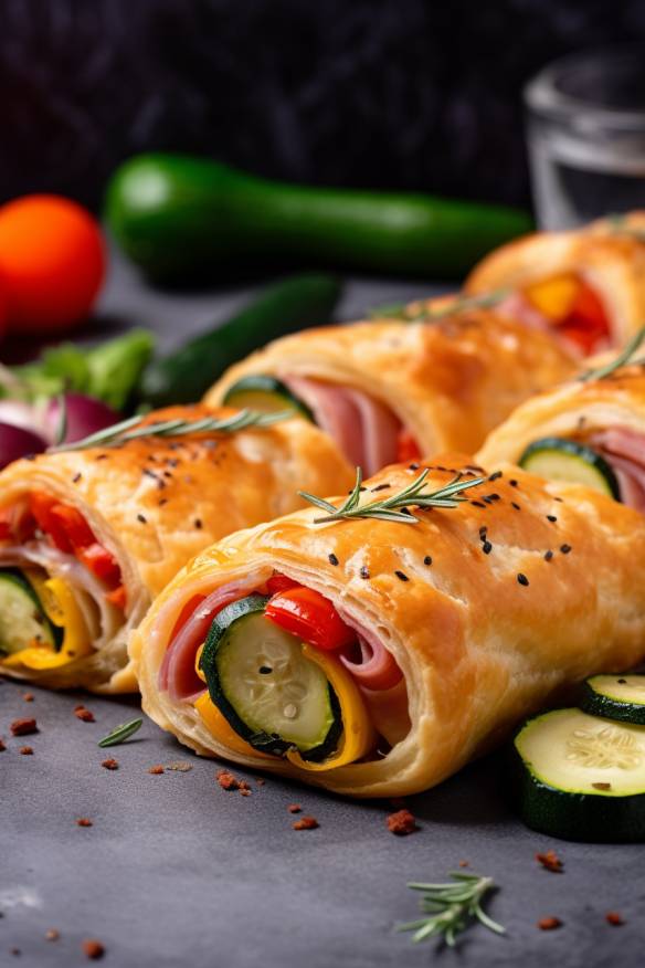 Gefüllte Blätterteig-Röllchen mit Schinken, Paprika, Zucchini und Käse