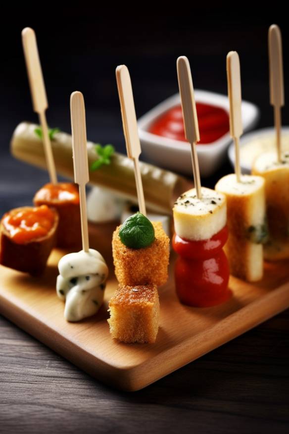 Fingerfood Käsespieße mit Dips.