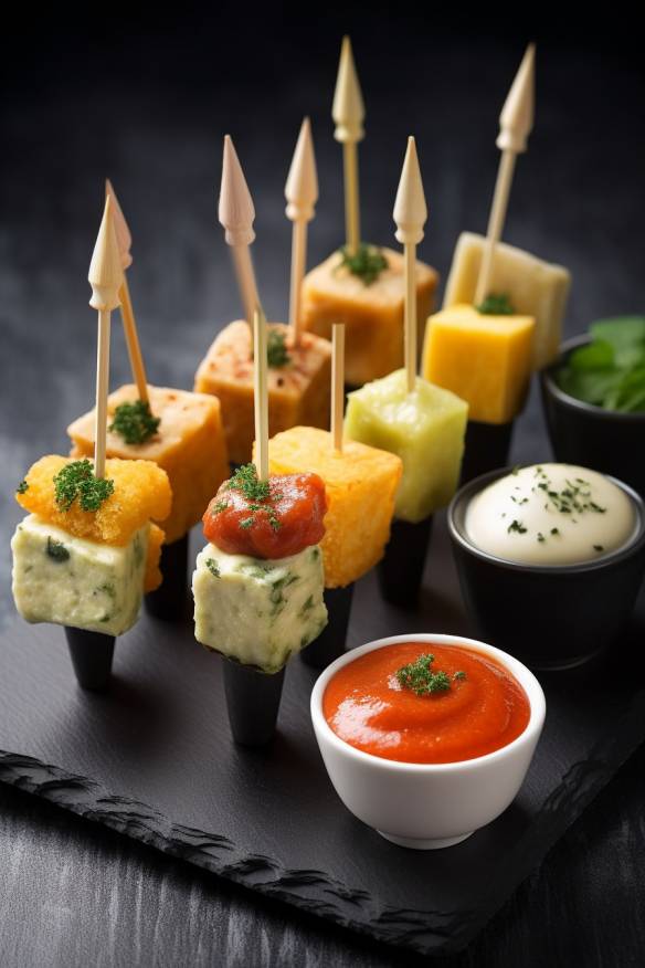 Fingerfood Käsespieße mit Dips.