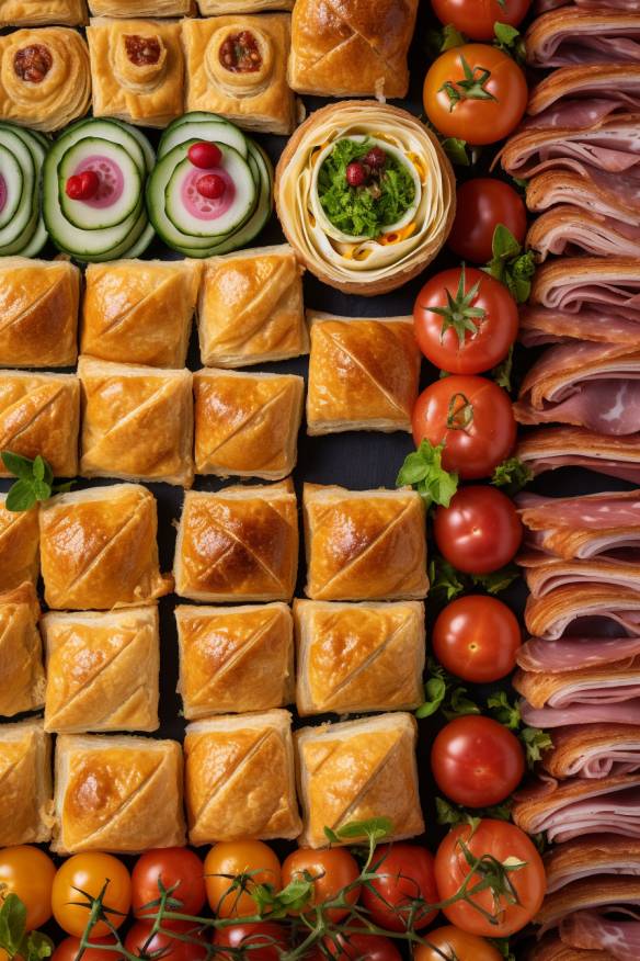 Fingerfood für 30 Personen mit Schinken, Salami und Gemüse im Blätterteig