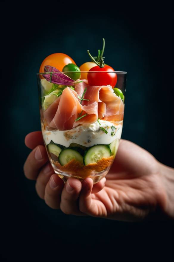 Fingerfood im Glas mit Schinken, Frischkäse und Gemüse