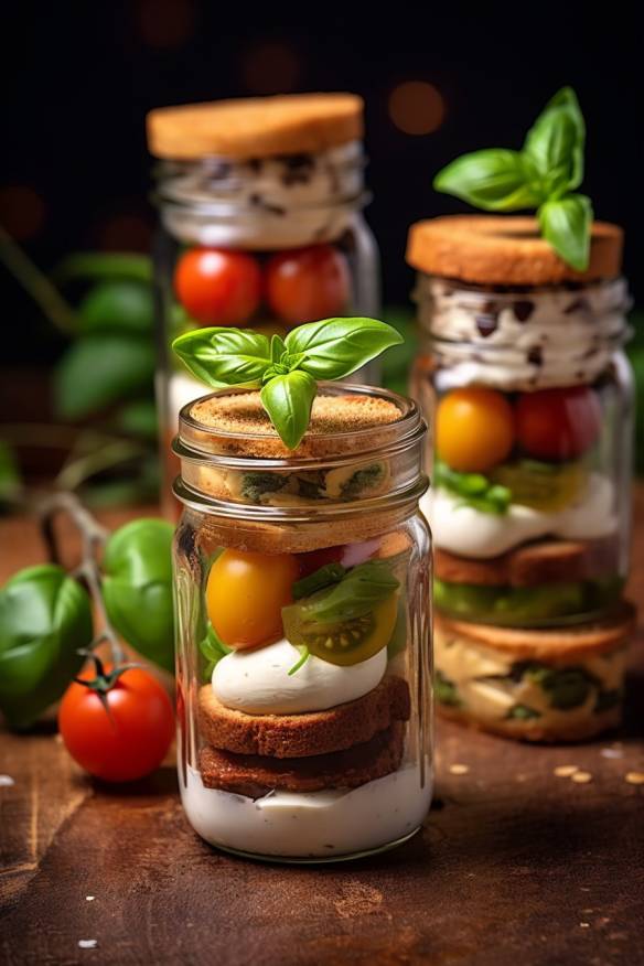 Fingerfood im Weckglas mit Mini-Burger und Caprese-Salat.