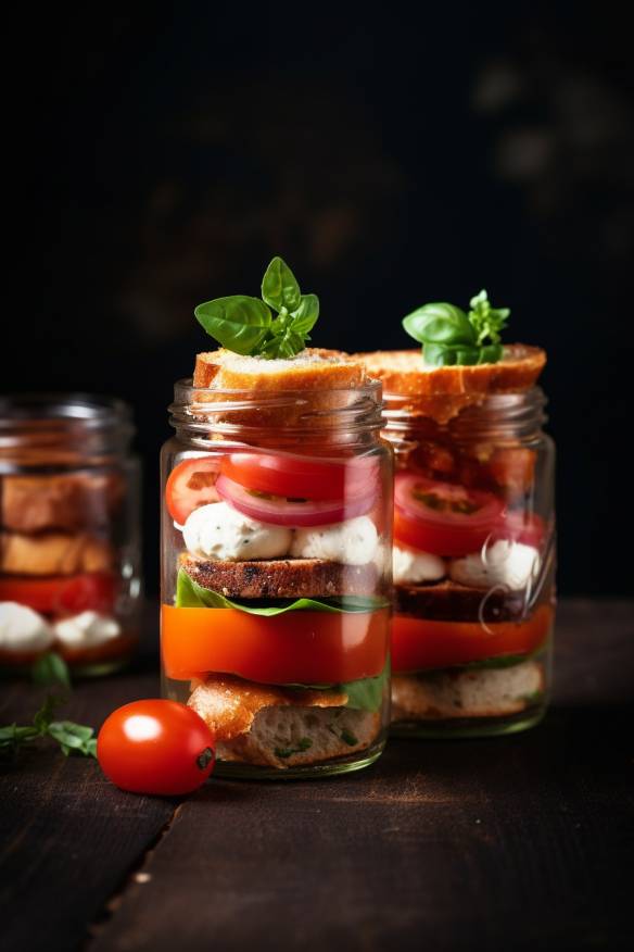 Fingerfood im Weckglas mit Mini-Burger und Caprese-Salat.