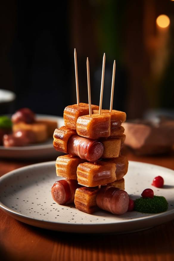 Fingerfood Würstchenspieße auf einem Teller.