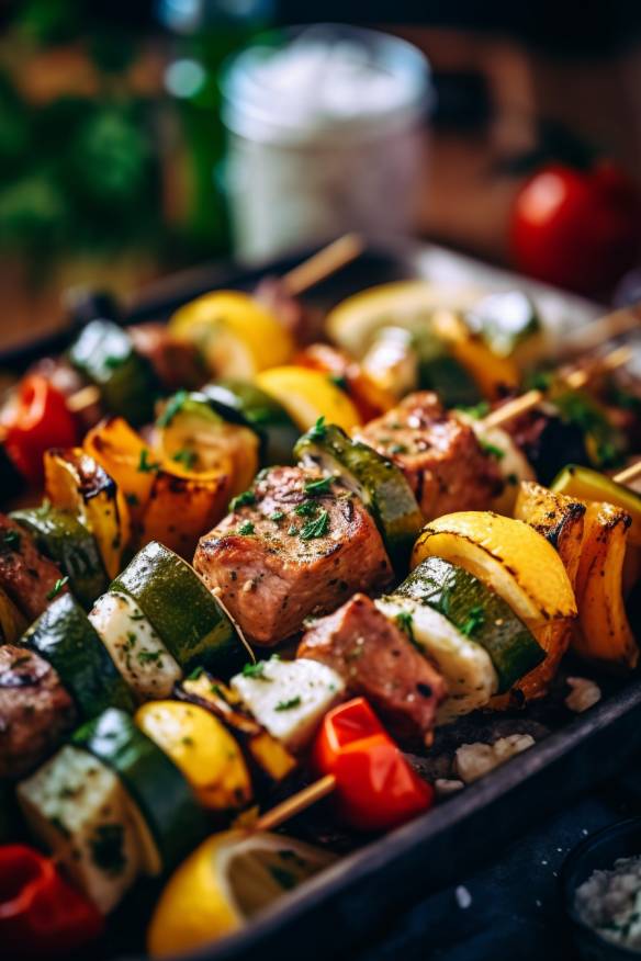 Fingerfood Spieße mit Hähnchenbrust, Rindfleisch, Paprika, Zucchini und Feta