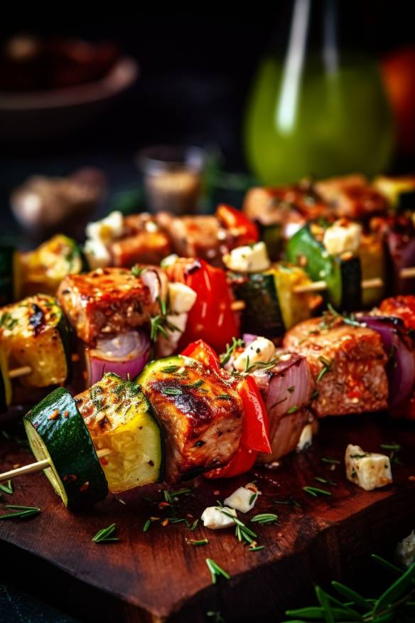 Fingerfood Spieße mit Hähnchenbrust, Rindfleisch, Paprika, Zucchini und Feta