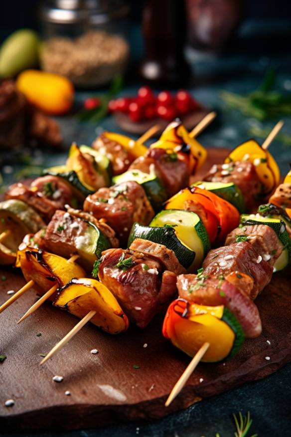 Fingerfood Spieße mit Hähnchenbrust, Rindfleisch, Paprika, Zucchini und Feta