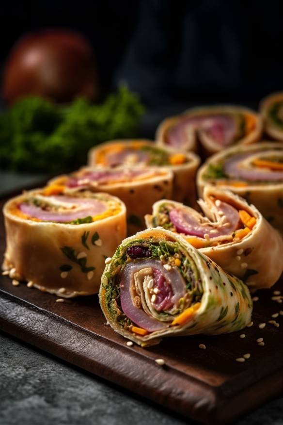 Fingerfood Wrap Röllchen mit Gemüse und Schinken